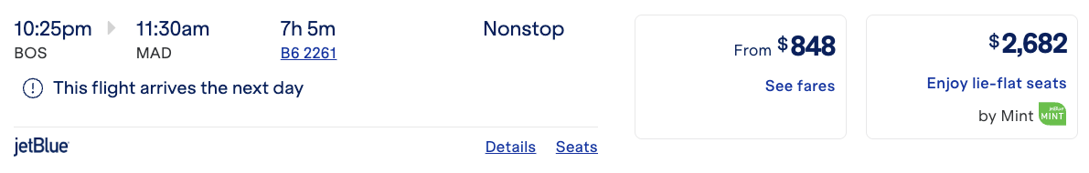 JetBlue Mint BOS MAD cash price