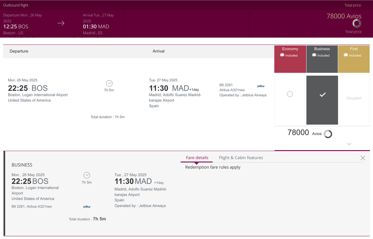 JetBlue Mint BOS MAD pricing using Qatar Avios