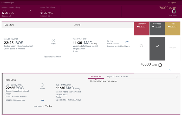 JetBlue Mint BOS MAD pricing using Qatar Avios
