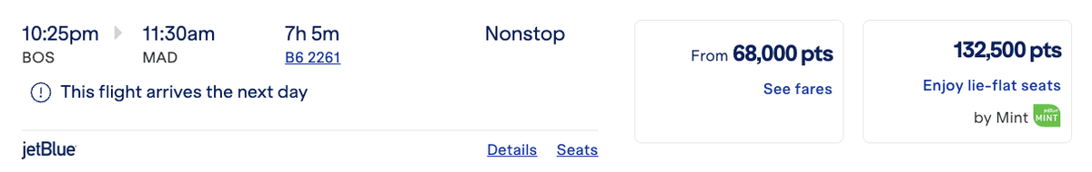 JetBlue Mint BOS MAD pricing using TrueBlue points