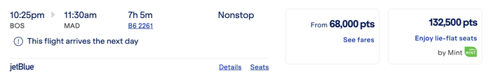 JetBlue Mint BOS MAD pricing using TrueBlue points
