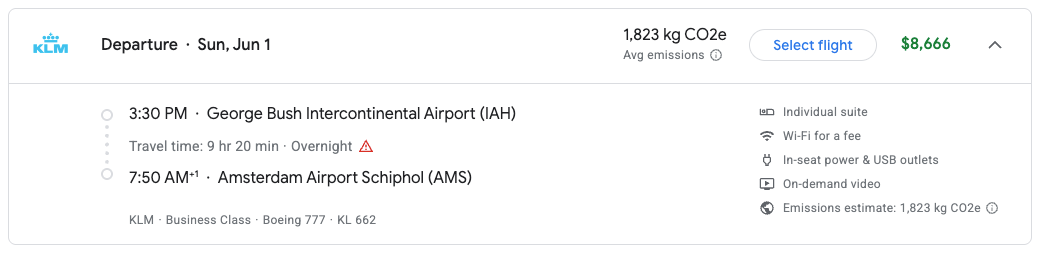 KLM price IAH AMS business