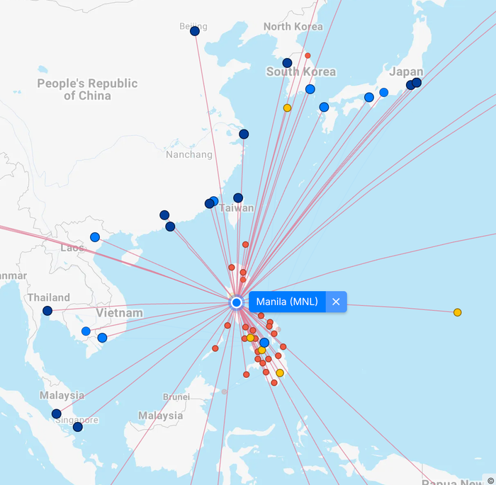 Map of Philippine Airlines routes Map of Philippine Airlines routes