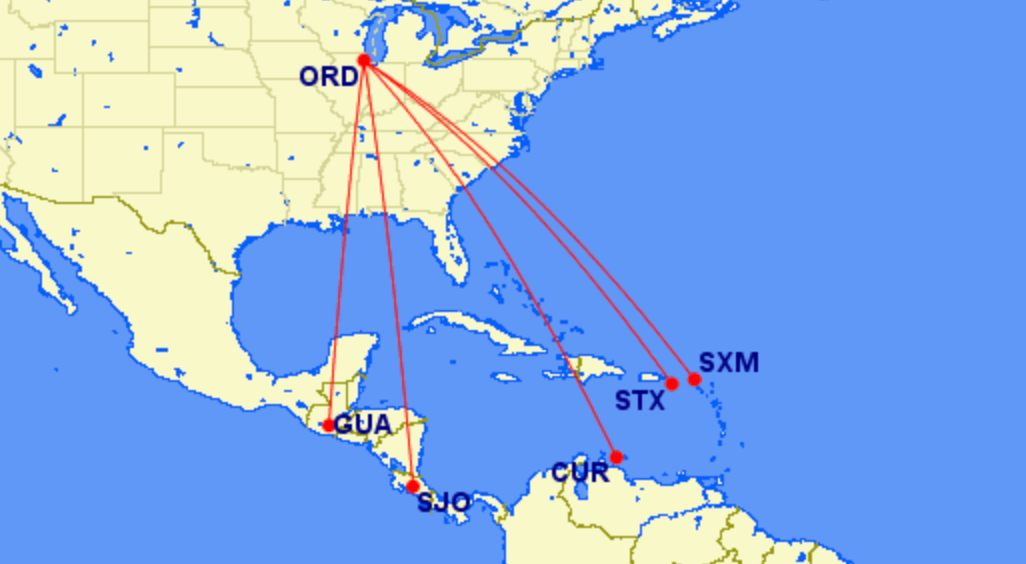 Map of new international American Airlines routes from Chicago ORD