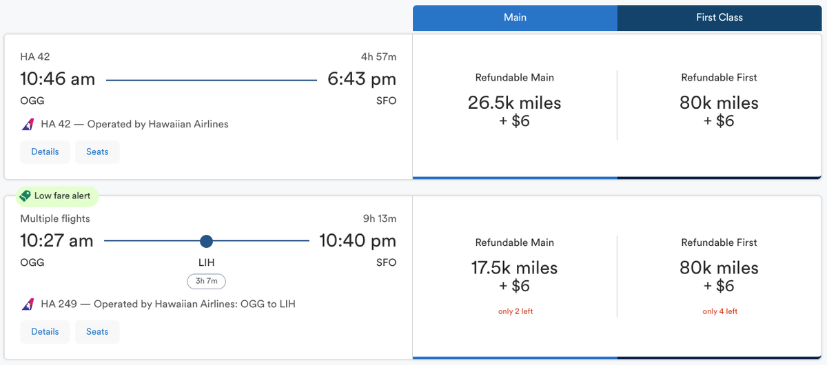 Mileage Plan award rate OGG SFO