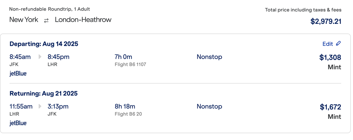New York to London with JetBlue in MINT price