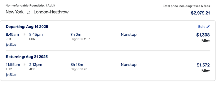 New York to London with JetBlue in MINT price