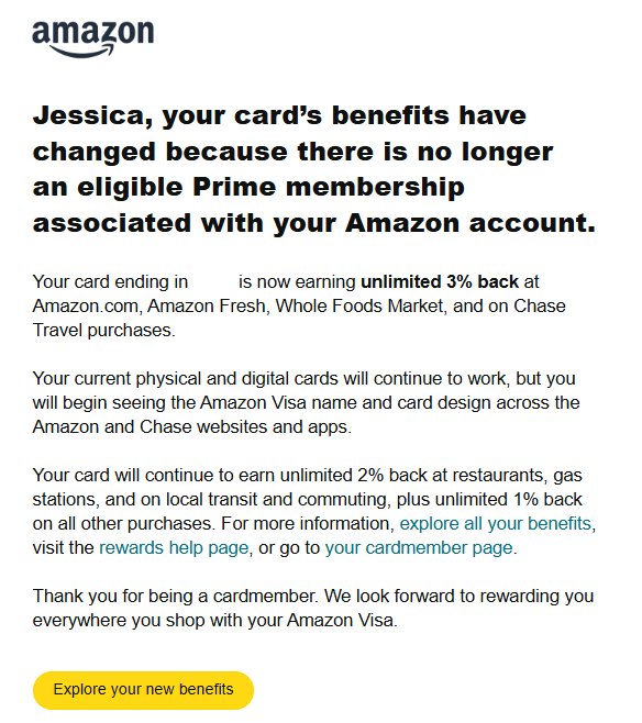 Prime Visa benefits downgrade email