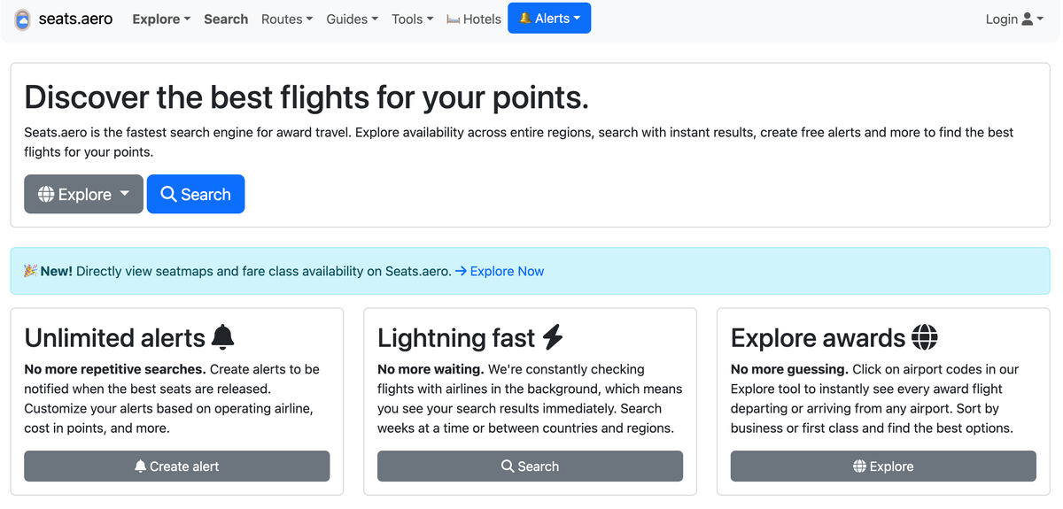 Seats.aero homepage