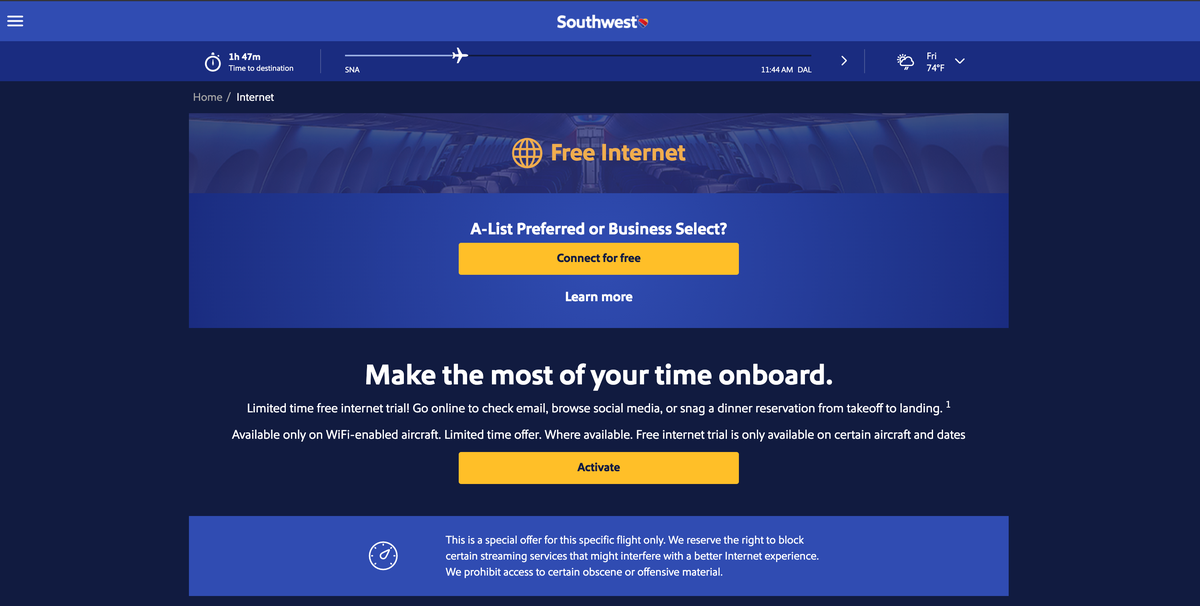 Southwest Airiines free wifi log in page