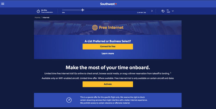 Southwest Airiines free wifi log in page