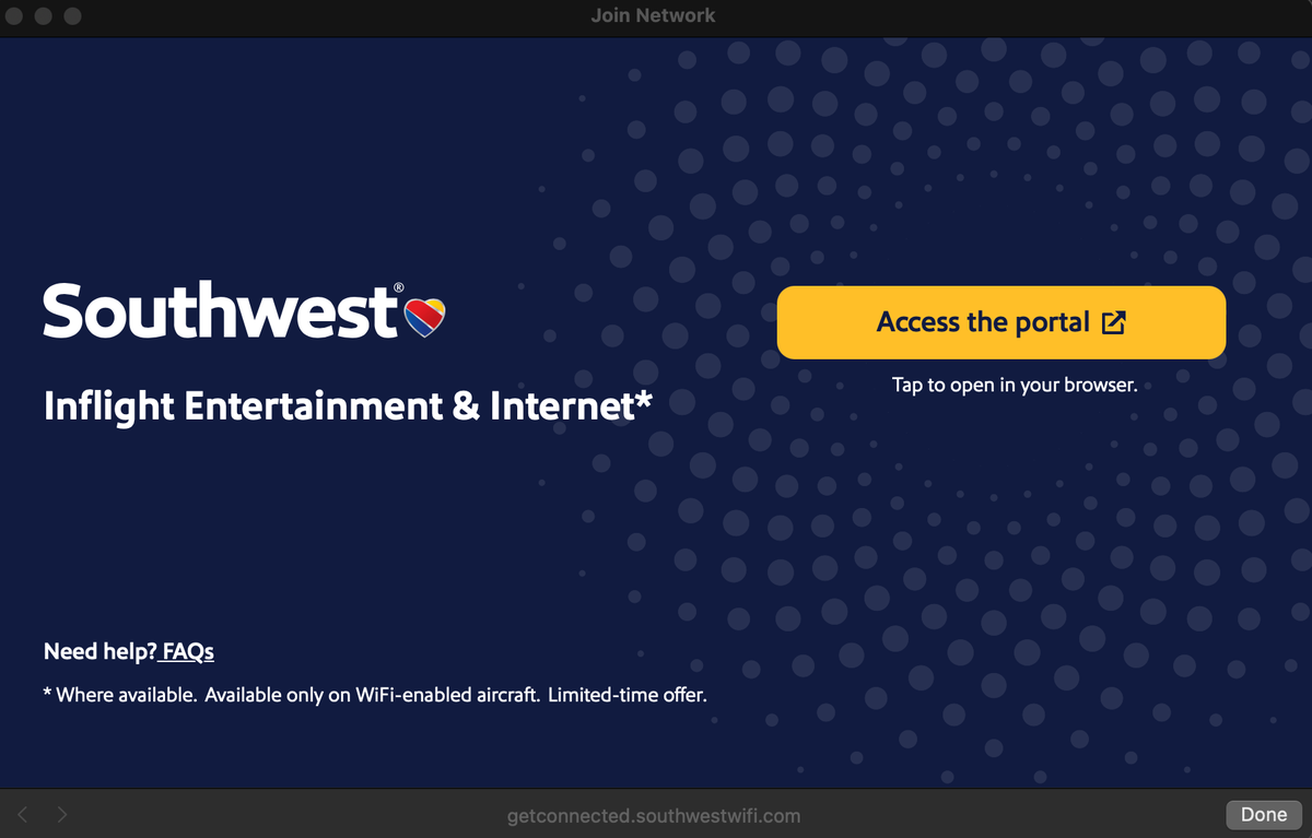 Southwest Airiines free wifi portal page