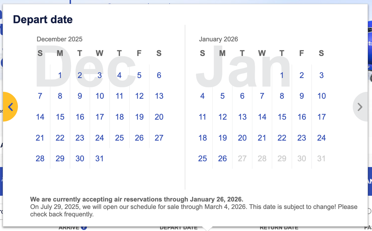 Southwest Airlines calendar schedule January 26 2026