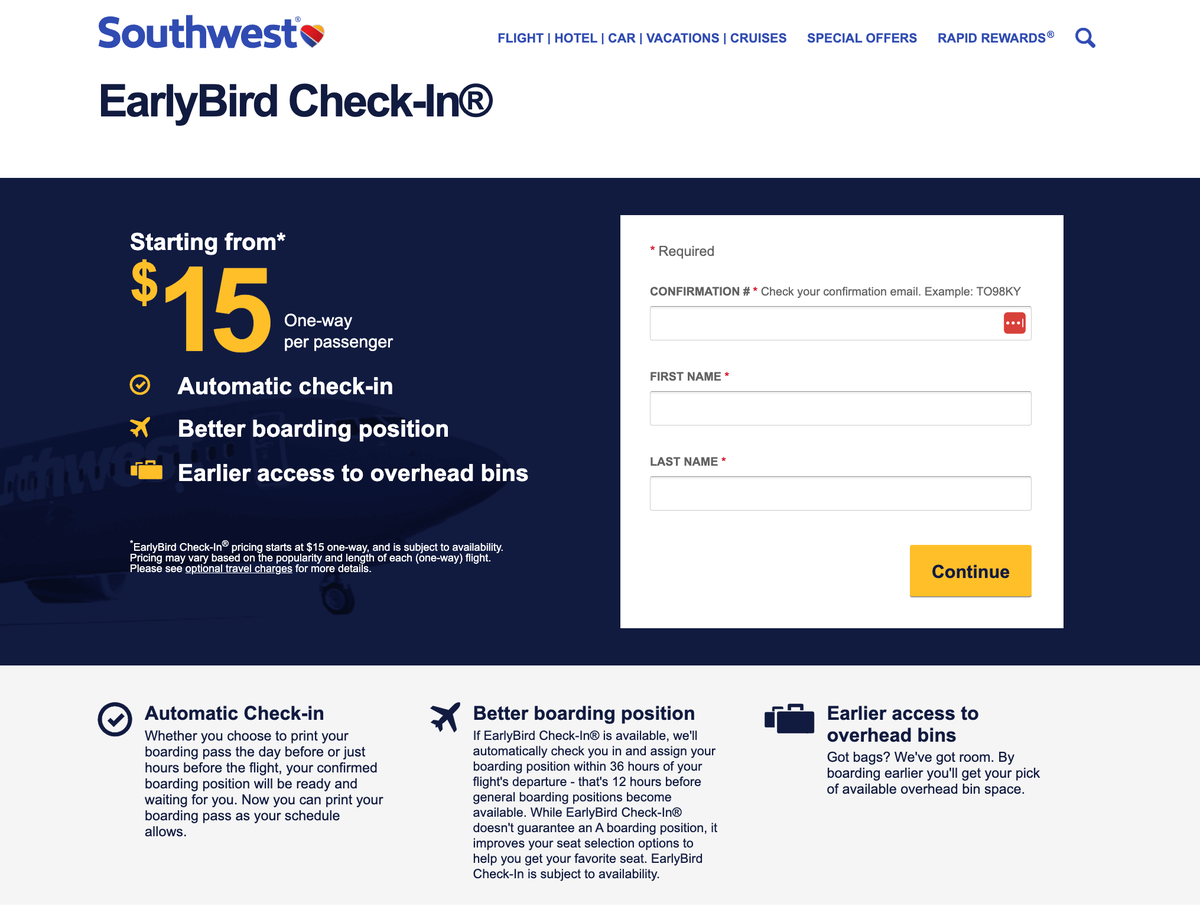 Southwest EarlyBird Check In information