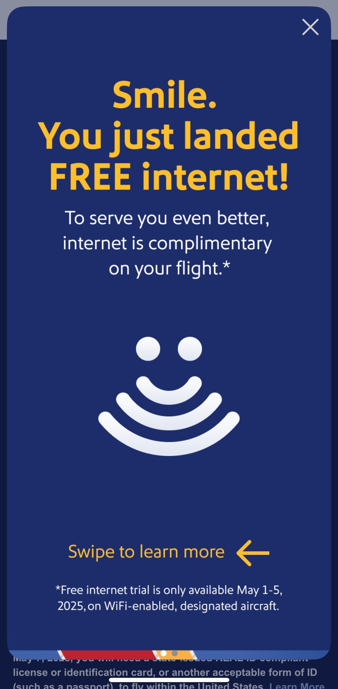 Southwest free Wi-Fi app notification