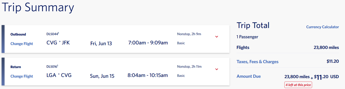 delta miles cost cvg nyc