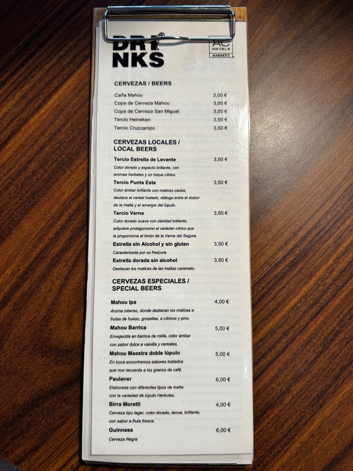 AC Hotel Murcia bar drink list