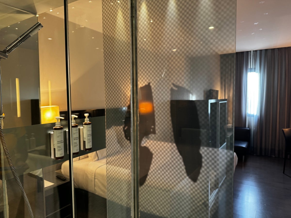 AC Hotel Murcia bathroom view through shower