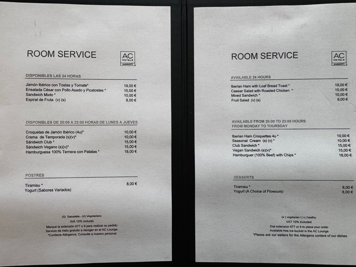 AC Hotel Murcia room service menu
