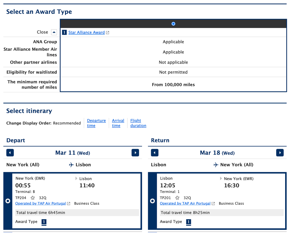 ANA Award Ticket From New York to Lisbon