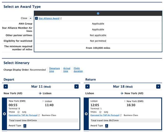 ANA Award Ticket From New York to Lisbon