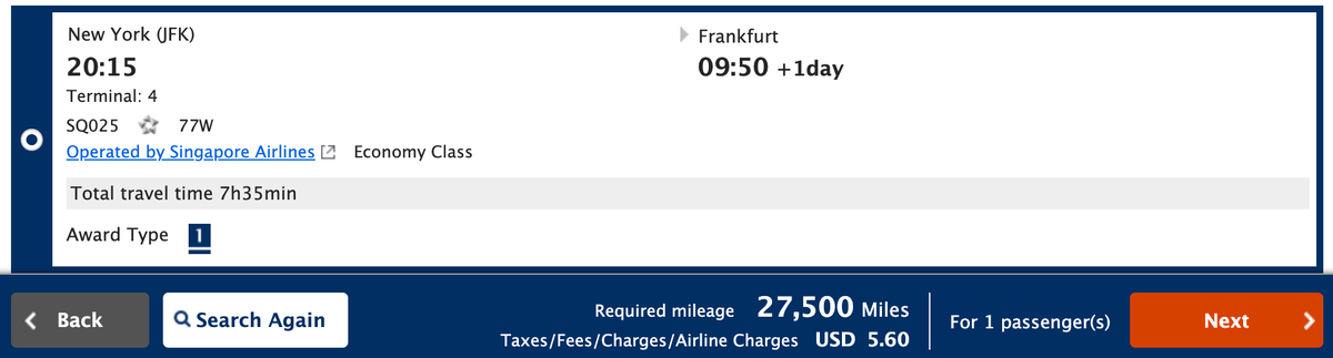 ANA one way award SQ JFK FRA