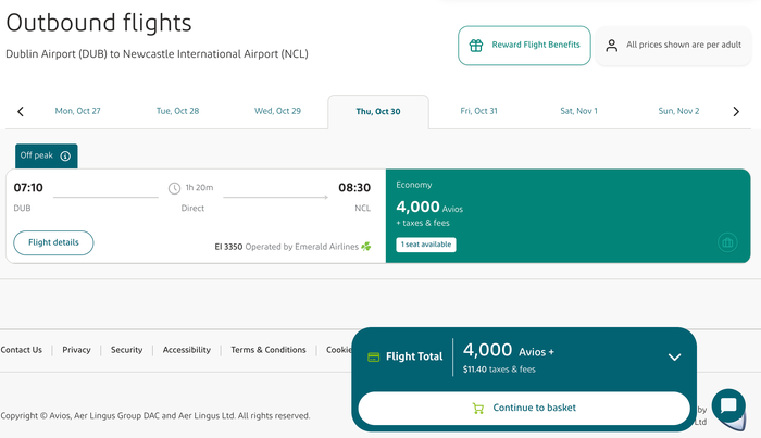 Aer Lingus Award Flight From Dublin to Newcastle