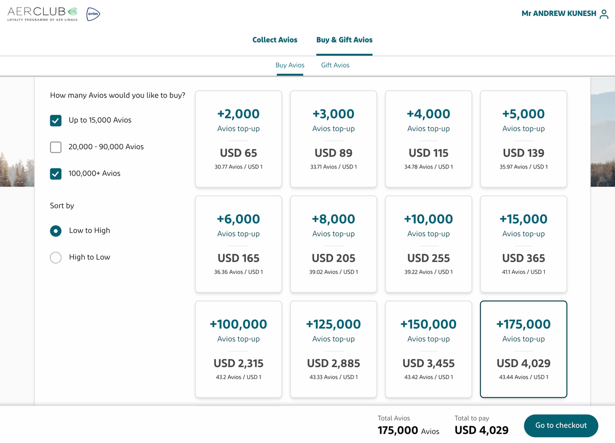 Aer Lingus Buy Avios Page