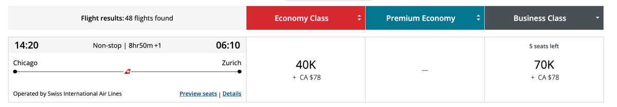 Aeroplan ORD ZRH booking 70k