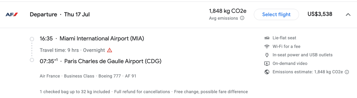 Air France business class from Miami to Paris