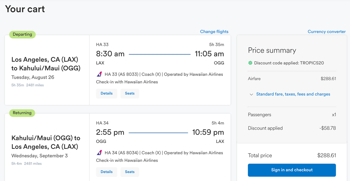 Alaska Airlines TROPICS20 discount LAX OGG LAX