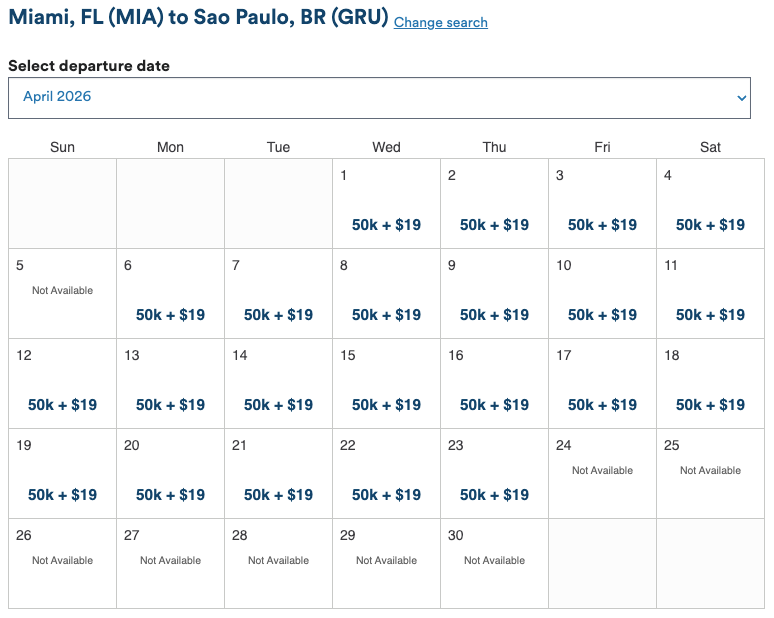 Alaska Airlines award calendar April 2026 MIA GRU