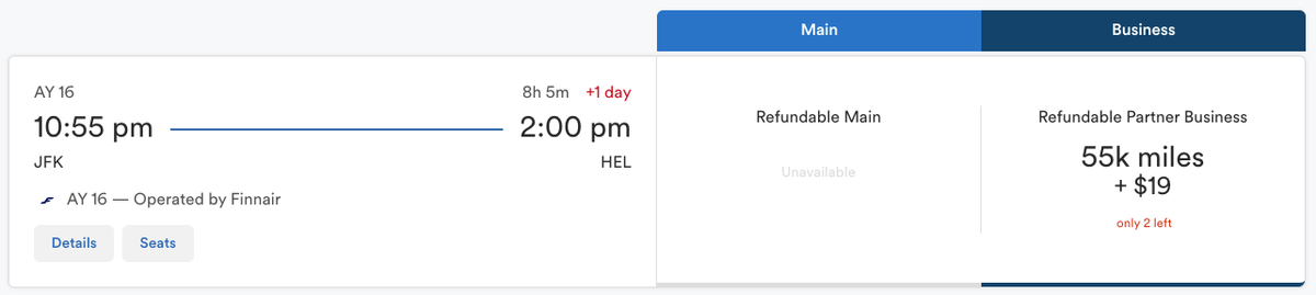 Alaska Mileage Plan award JFK HEL on Finnair