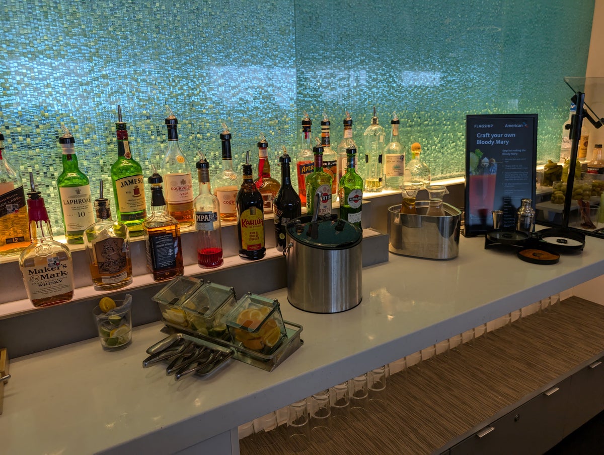 American Airlines Flagship Lounge DFW self serve bar bottles
