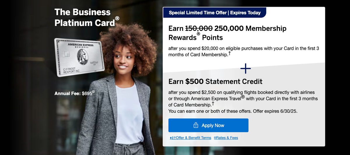 Amex Business Platinum 250k offer June 30 2025