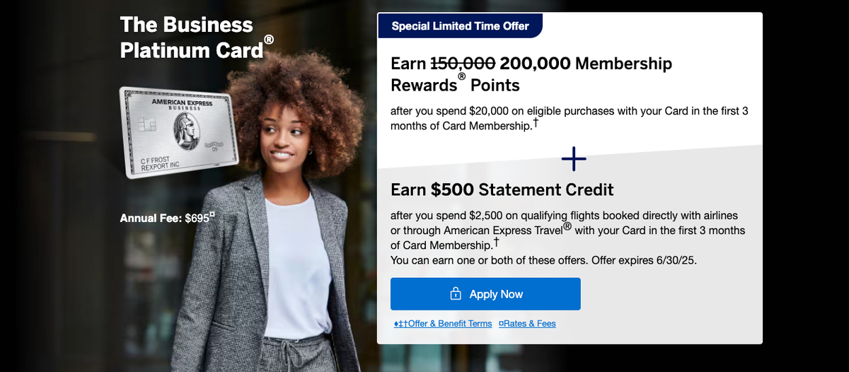 Amex Business Platinum Card 200k 500 credit offer June 20 2025