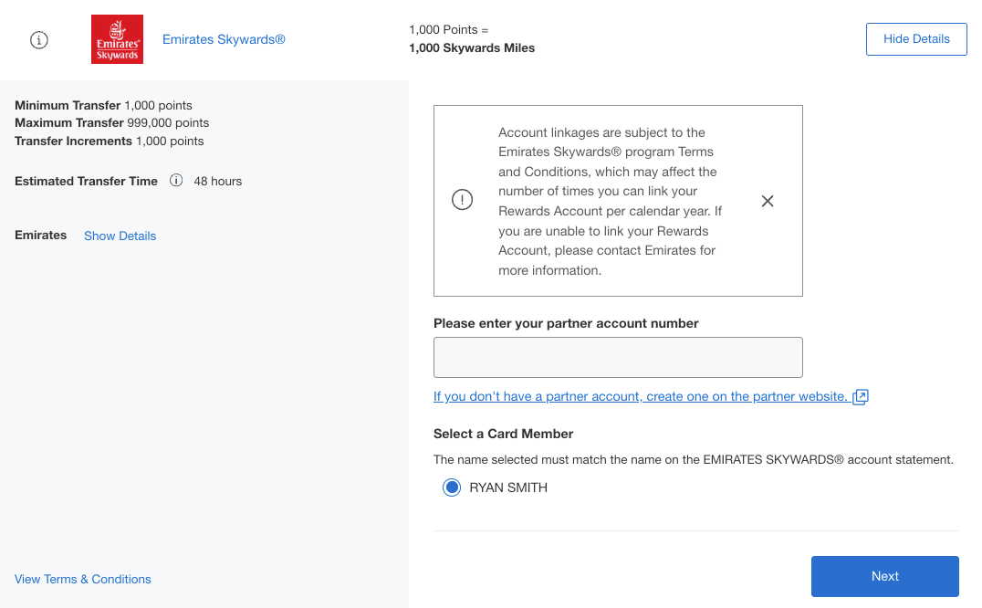 Amex Emirates transfer page