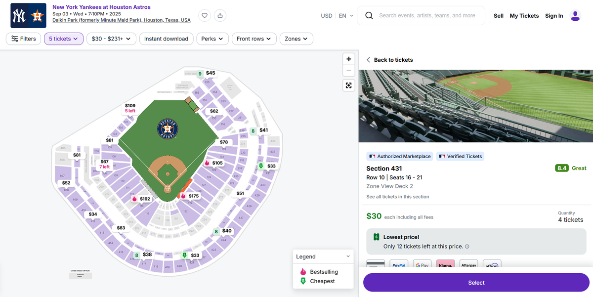 Astros Yankees StubHub