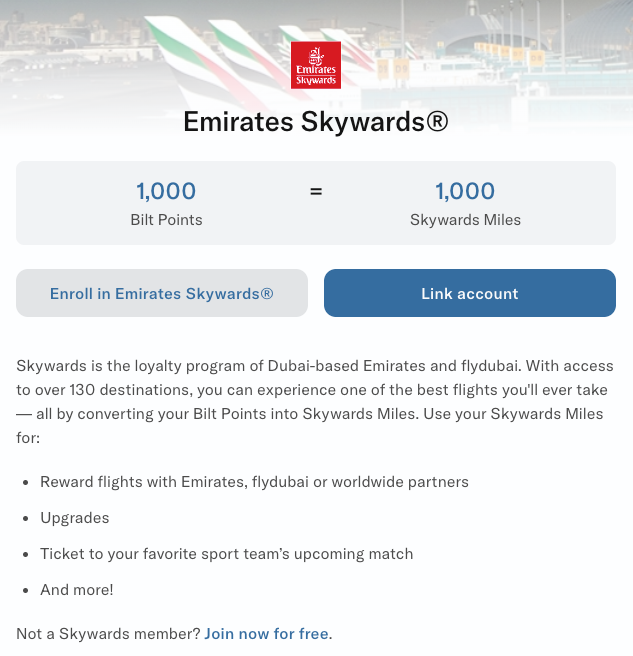 Bilt Emirates transfer page