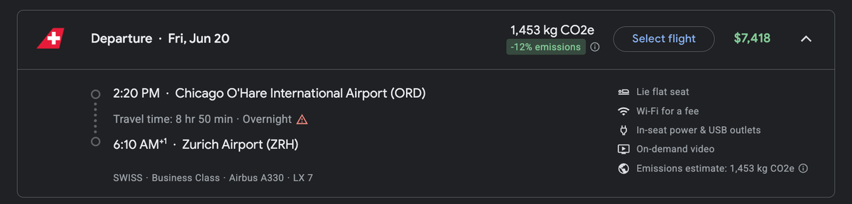 Business class cash price ORD ZRH. Google Flights