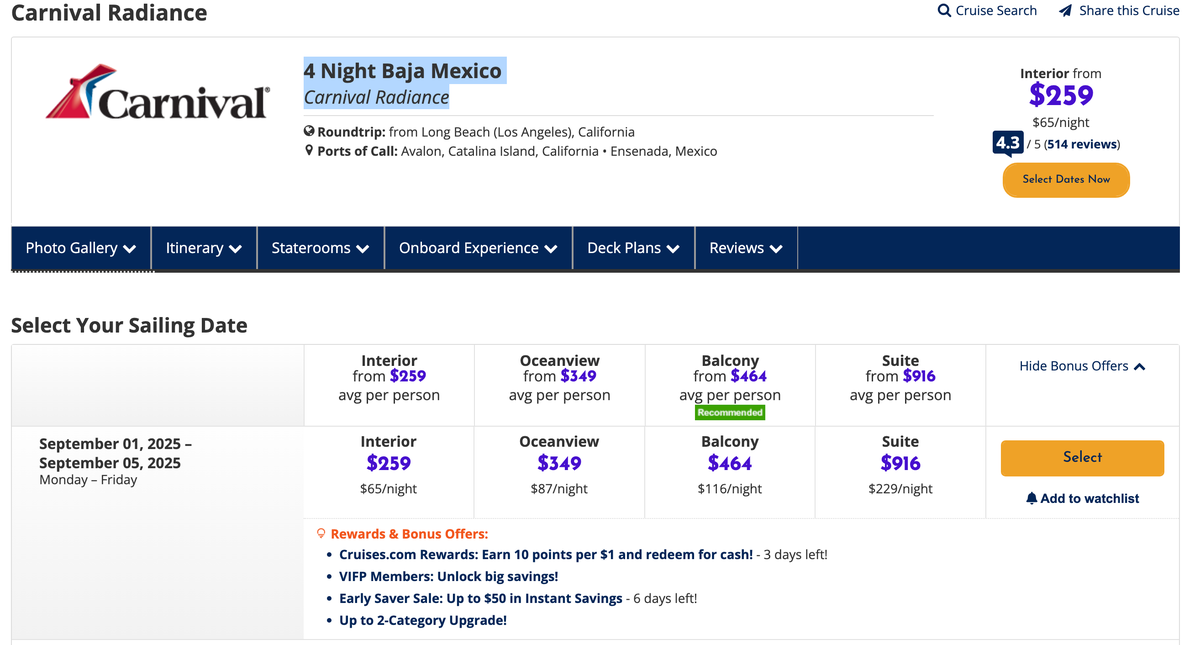 Carnival Radiance Booking