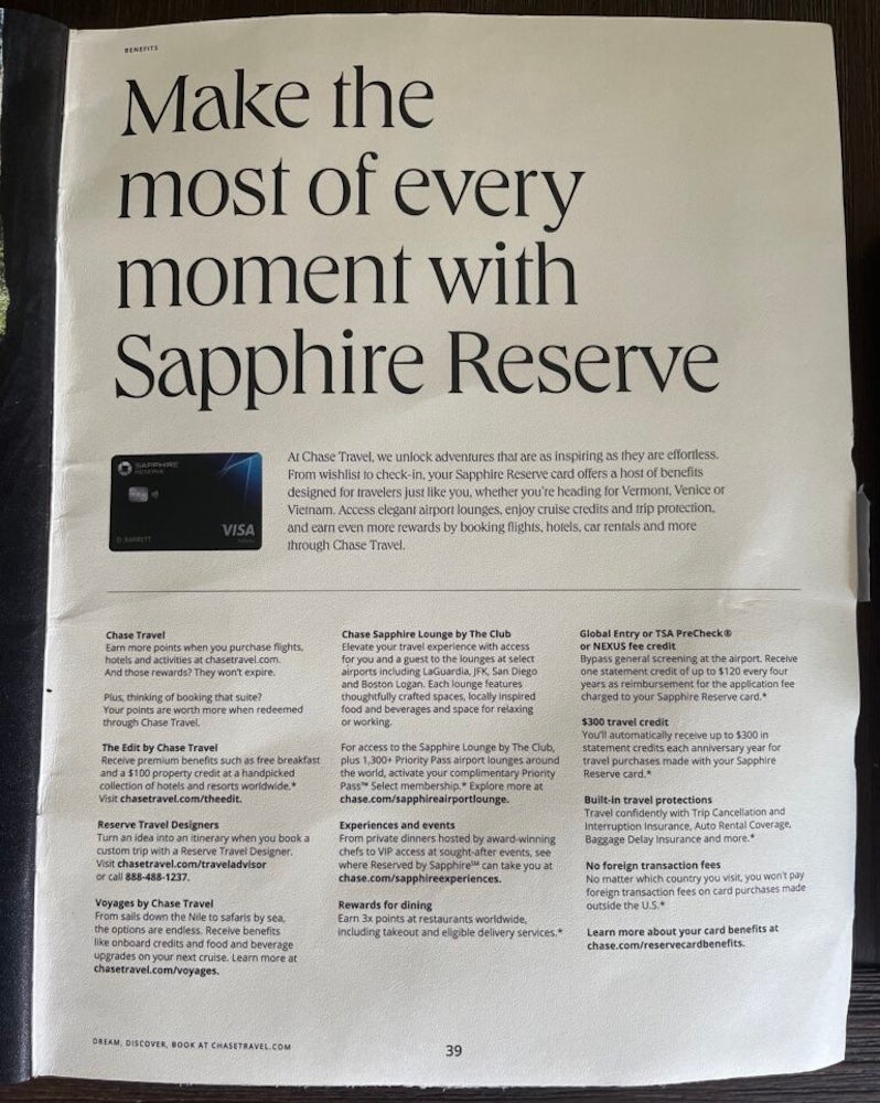 Chase Sapphire Reserve magazine page