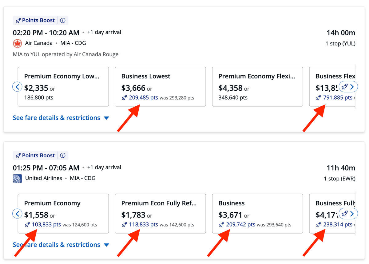Chase Travel Portal flights MIA CDG Points Boost example