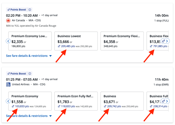 Chase Travel Portal flights MIA CDG Points Boost example Chase Travel Portal flights MIA CDG Points Boost example