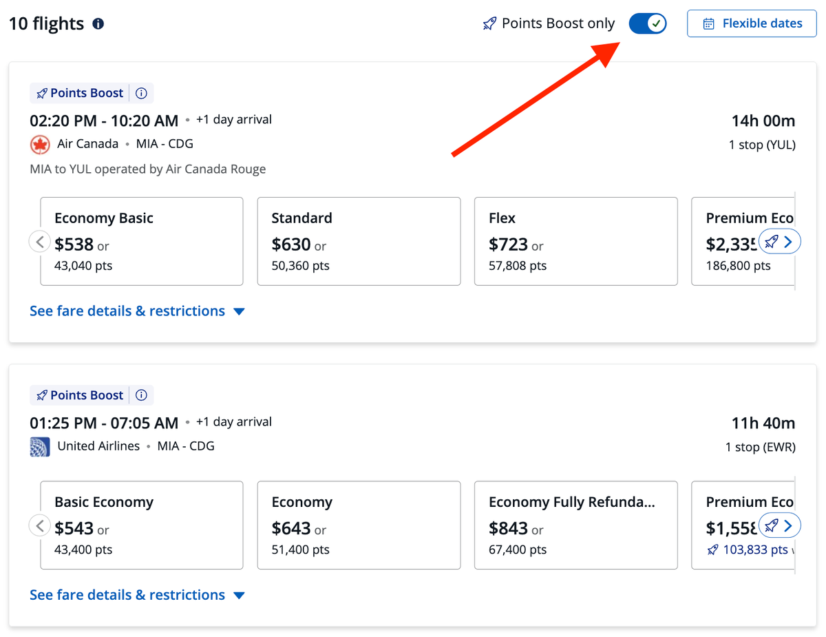Chase Travel Portal flights MIA CDG Points Boost only