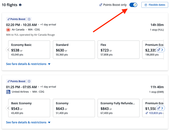 Chase Travel Portal flights MIA CDG Points Boost only Chase Travel Portal flights MIA CDG Points Boost only