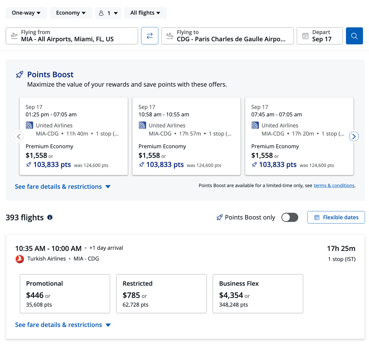 Chase Travel Portal flights MIA CDG search