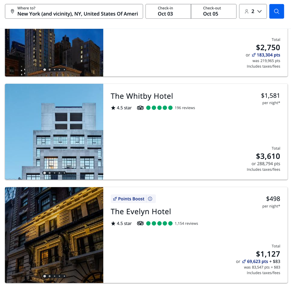 Chase Travel Portal hotel results with Points Boost