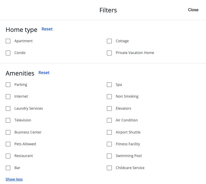 Chase Travel portal Vacation Homes filters