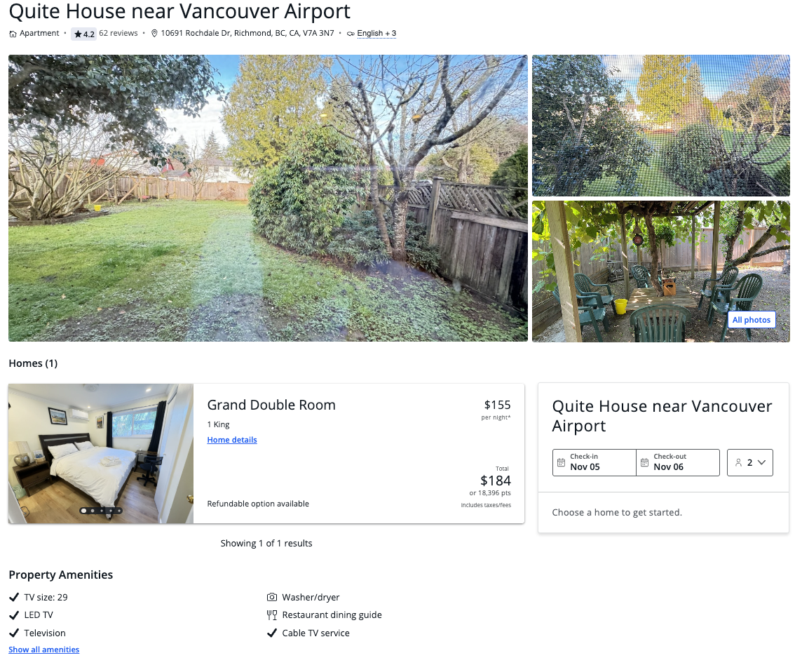 Chase Travel portal Vacation Homes property details Vancouver